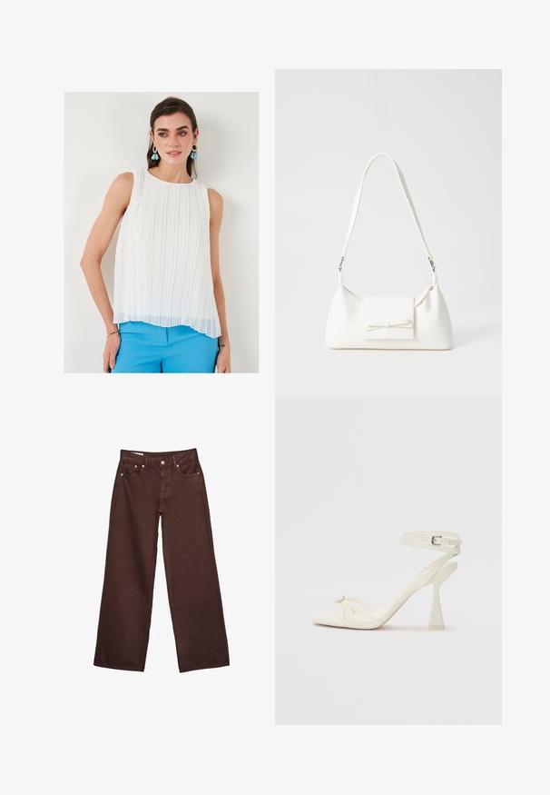 Weißes plissiertes ärmelloses Blusenshirt mit rundem Ausschnitt, transparenter Textur und einem leicht längeren Saum vorne, kombiniert mit blauen Hosen.; Braune hochgeschnitteneweite Beinkleider mit vorderem Knopf, Reißverschluss, Gürtelschlaufen und Fünf-Taschen-Design.; Sandaletten aus weißem Leder mit hohen Absätzen, schlankem Design, transparentem Blockabsatz und einem dekorativen Element an der Zehe.; Weiße synthetische Handtasche in dreieckiger Form, flache Vorderklappe und Schleifendetail, verstellbarer Trageriemen, glatte Textur und minimalistisches Design.