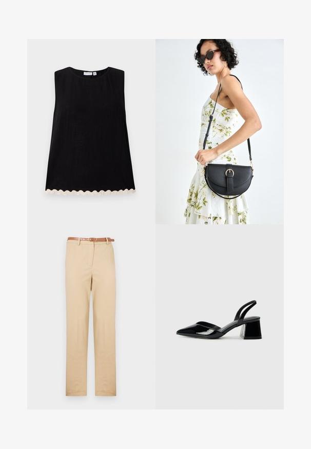 Top preto sem mangas com um decote redondo e um tecido texturizado. A bainha apresenta um acabamento ondulado de cor clara. Silhueta reta.; Chinos bege feitos de tecido leve, com um corte reto, bolsos laterais e um cinto de couro castanho com uma fivela retangular.; Sandy em verniz preto com salto slingback, ponta afilada e salto geométrico. Apresenta um design elegante e minimalista com textura suave.; Bolsa de couro preta com forma curva, alça destacável e detalhes em dourado. A bolsa possui uma aba com detalhe de fivela.