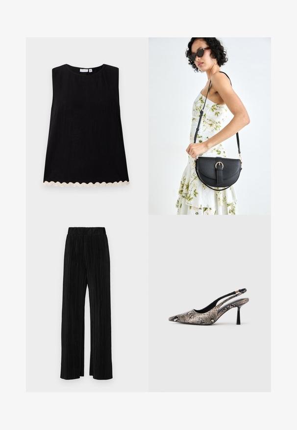 Svart ermeløs topp med rund hals og teksturert stoff. Nederst har den en bølget lysfarget kant. Rett silhuett.; Sorte plisserte bukser med elastisk midje. Har vide ben og et glatt, strukturert stoff med vertikale striper.; Pekefotede slingback-sko laget av teksturert slange-print materiale, med en slank svart hæl og et utskjæringsdesign på sidene.; Svart lærveske med en buet form, avtagbar stropp og gullbeslag. Vesken har et klaff med spenne-detall.