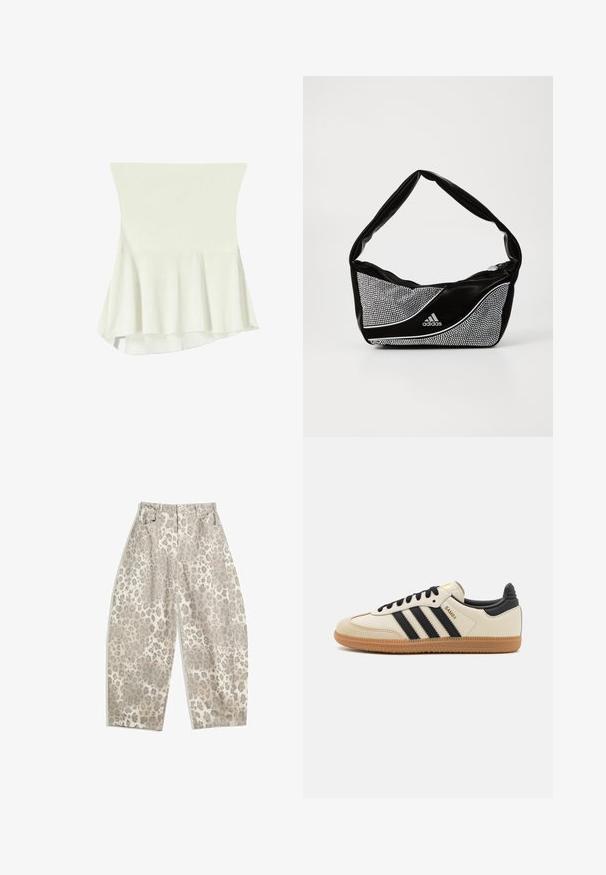 Biely peplum top vyrobený z mäkkej tkaniny, s priliehavým telom a rozšíreným lemom. Hladká textúra s minimálnymi detailmi.; Nohavice s leopardím vzorom v svetlo béžovej farbe s vysokým pásom, širokými nohami a dvoma prednými vreckami. Vyrobené z hladkej tkaniny.; Béžová športová obuv s čiernymi pruhmi, gumovou podošvou a čiernymi akcentami. Má hladký kožený zvršok a zaoblený dizajn prstov.; Čierna a strieborná taška adidas s hladkým povrchom, s lesklým nitovaným vzorom a výrazným zakriveným dizajnom.