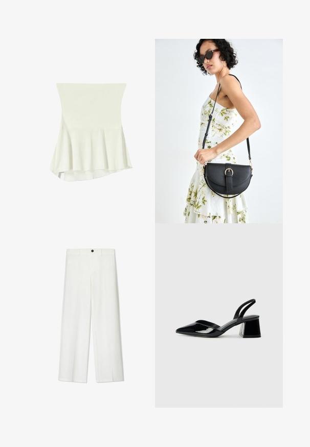 Fehér peplum felső, puha anyagból készült, fitted bodiccsel és bővülő aljjal. Simább textúra minimális díszítéssel.; Fehér, bő szabású nadrág, sima textúrával, elöl gombos záródással és övhurkokkal, kényelmes szabású.; Fekete lakk bőr szandálkés magas sarkú cipő, hegyes orral és geometrikus tömbsarkakkal. Karcsú, minimalista dizájn és sima textúra jellemzi.; Fekete bőrtáska ívelt formával, levehető pánttal és arany színű fémrészekkel. A táskán egy csattal díszített fedél található.