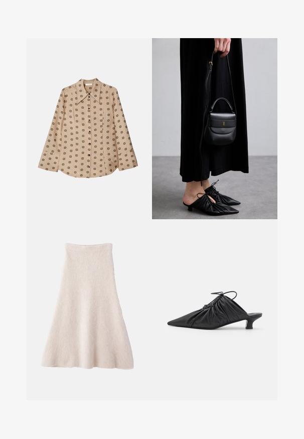 Béžová košile na knoflíky s dlouhými rukávy, s opakujícím se květinovým vzorem v tmavě zelené barvě, s límečkem a zapínáním na přední straně.; Světlé béžové sukně ve tvaru A vyrobená z měkké, texturované látky, má hladký pas a splývavou siluetu.; Černé kožené slip-on mule s špičatou špicí, shromážděnou texturou a malým podpatkem. Vlastnosti zahrnují stahovací detail na otvoru.; Malá černá kožená kabelka s zaobleným tvarem, horním madlem a odnímatelným popruhem. Nositelná s černými látkovými šaty a černými plisovanými botami.; Zlaté kruhové náušnice s dvěma propletenými kruhovými tvary, hladkým povrchem a uzávěrem na hřebínek pro bezpečné nošení.