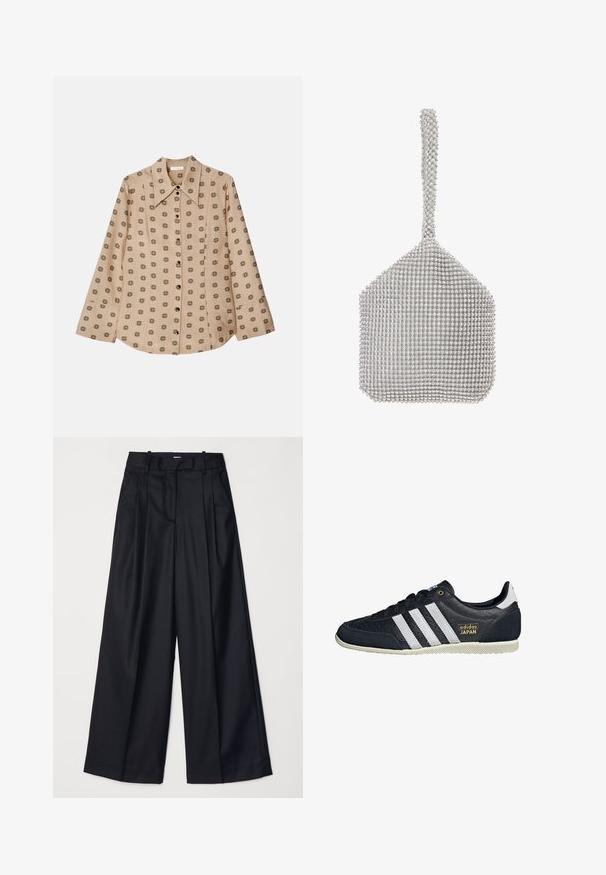 Camicia beige con bottoni, a maniche lunghe, caratterizzata da un motivo floreale ripetuto in verde scuro, con colletto alla francese e chiusura frontale con bottoni.; Pantaloni neri a gamba larga realizzati in un tessuto morbido, con vita alta, pieghe e un design sartoriale. Finiture semplici in nero in vita.; Sneakers in pelle nera con tre strisce bianche, finitura texture, logo dorato "adidas JAPAN" e suola in gomma con pattern antiscivolo.; Borsa a rete argento con forma strutturata, ricoperta di piccole strass riflettenti. Presenta una lunga maniglia decorata.