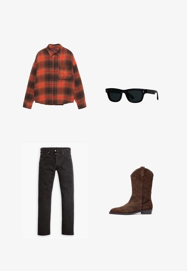 Chemise à manches longues à boutons avec un motif en plaid orange, rouge et marron et une poche sur la poitrine, présentée sur un fond blanc.; Jean slim noir avec patte de boutonnage, cinq poches et rivets en cuivre, à plat sur fond blanc.; Botte de cow-boy en daim marron avec un bout pointu, des détails de couture embossés et un petit talon empilé. Équipée de languettes latérales pour un enfilage facile.; Lunettes de soleil noires avec des montures carrées, des verres foncés et un matériau en plastique lisse. Présentent de petits accents ronds à l'avant et des branches fines.
