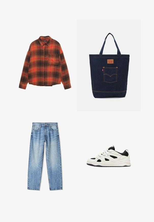 Hosszú ujjú, gombos ing narancssárga, piros és barna kockás mintázattal, mellzsebbel, fehér háttéren.; Világoskék farmernadrág, laza szabással, egyenes szárú dizájnnal, öt zsebbel és kopottas textúrával. Elöl gombos és cipzáros záródással.; Fehér és fekete sportcipők, texturált talppal, oldalt kivágott mintákkal és fűzős megoldással, valamint párnázott hátsó résszel a támasz érdekében.; Sötétkék farmer bevásárlótáska két fogantyúval, látható varrással és egy elülső zsebbel, amelyen klasszikus logó folt található.