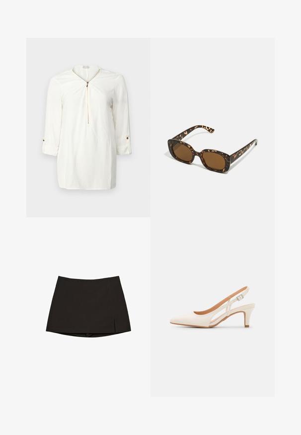 White long-sleeve shirt with a zippered neckline, soft fabric, and rolled cuff detailing with a gold button accent.; Black mini skirt made from smooth fabric, featuring a straight design with side slits and a clean hem. Simple and versatile.; White slingback heel with a pointed toe, smooth upper material, low block heel, and side cut-out design with adjustable buckle strap.; Tortoiseshell sunglasses with a rounded, chunky frame and brown lenses. Features subtle patterns and straight, tapered arms.; Michael Kors wristlet in beige coated canvas featuring a repeating MK logo pattern, gold hardware, and a detachable chain strap.