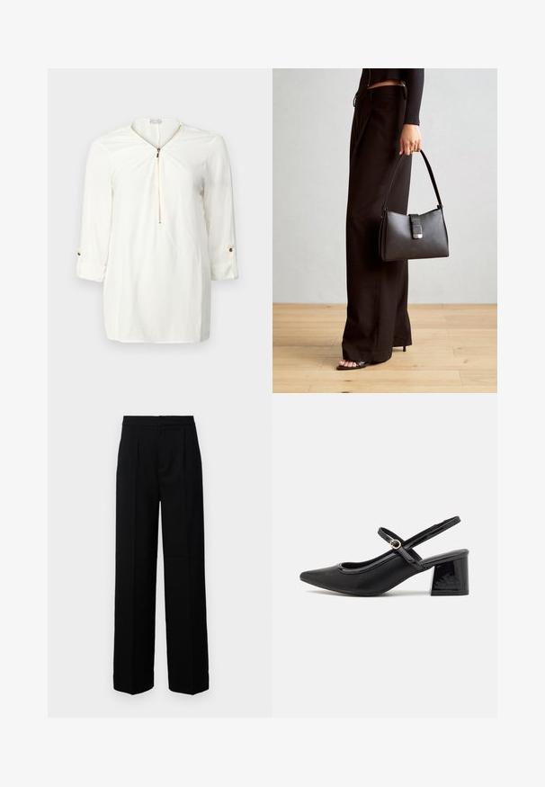Camicia bianca a maniche lunghe con scollatura con zip, tessuto morbido, dettagli con polsini arrotolati e un accento di bottone dorato.; Pantaloni neri a gamba larga con una texture liscia, dotati di una parte anteriore piatta, pieghe e una vita sagomata. Senza hardware visibile o motivi.; Décolleté in vernice nera con cinturino dietro, punta affusolata, design con ritagli arrotondati e tacco a blocco. Presenta un accento di fibbia tono oro.; Borsa nera con forma strutturata, texture liscia e una chiusura metallica. Abbinata a pantaloni neri larghi e sandali open-toe su un pavimento in legno.