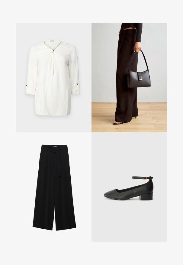 Balta ilgomis rankovėmis marškiniai su užtrauktuku kaklo srityje, minkšta medžiaga ir sukite rankovės detalės su auksiniu mygtuku akcentu.; Juoda plačių kojų kelnės, pagamintos iš tekstūruoto audinio, su elastingu juosmeniu ir atsegamu diržu juosmenyje, leidžiančiu reguliuoti dydį.; Juodas odinis aukštakulnis batelis su smailiu pirštu ir žemu bloku. Su kulkšnies dirželiu su auksinės spalvos sagtimi. Lygus paviršius.; Juodas rankinė struktūrizuota forma, lygi tekstūra ir metalinis užsegimas. Suporuota su plačiomis juodomis kelnėmis ir atvirais bateliais ant medinių grindų.