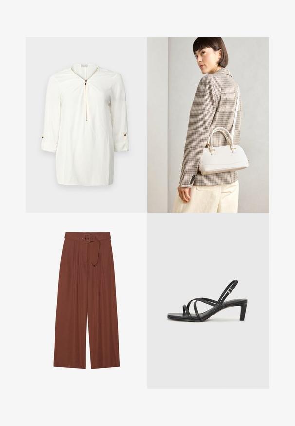 Balta ilgomis rankovėmis marškiniai su užtrauktuku kaklo srityje, minkšta medžiaga ir sukite rankovės detalės su auksiniu mygtuku akcentu.; Plačios kelnių kelnės rudos spalvos audinyje, su diržu su kvadratiniu sagtimi, klostuotų dizainu ir lygiu paviršiumi.; Juodi šlepetės su kvadratiniu pirštu ir žemu bloku kulnu. Yra keli ploni dirželiai ir reguliuojamas kulkšnies diržas. Pagaminti iš lygios odos.; Balta struktūruota rankinė su trumpomis rankenomis ir peties diržu, su auksinėmis detalėmis ir tekstūruota medžiaga, pastatyta prieš pilką foną.