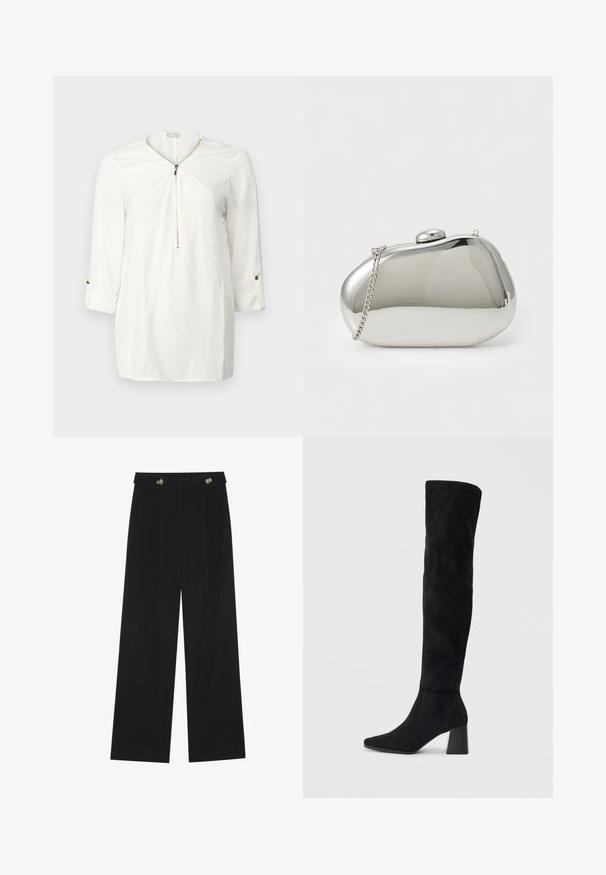 Camisa branca de mangas longas com decote com zíper, tecido macio, detalhes nas mangas dobradas e um botão dourado como destaque.; Calças largas pretas com cintura alta, detalhes em botão na cintura e pregas frontais.; Bota de camurça preta até ao joelho com salto bloco, bico fino e design suave e sem costuras sobre um fundo claro.; Clutch metálico prateado com uma forma arredondada e suave. Apresenta um fecho de clasp e uma alça de corrente destacável. Superfície refletiva sem padrões.