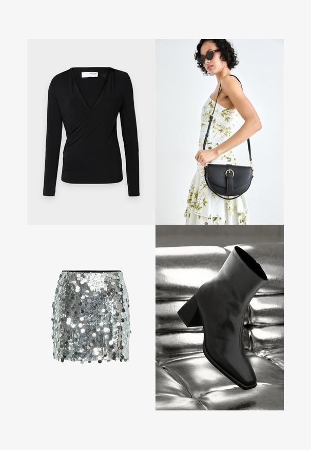 Dolga rokavica črna zavita majica iz mehkega materiala; ima globok V-izrez in stranski guban detajl za prilegajočo obliko.; Srebrna mini krilca s prilagojeno obliko, ki ima gladko črn pas in bleščeče okrogle aplikacije, ki svetijo v svetlobi.; Črne gležnjarje iz sijočega materiala s kvadratnim prstom in zoženim peto, postavljene na sijoče srebrno oblazinjeno ozadje.; Črna usnjena torbica s ukrivljeno obliko, z odstranljivo naramnico in zlatimi dodatki. Torbica ima pokrov s podrobnostmi v obliki zaponke.