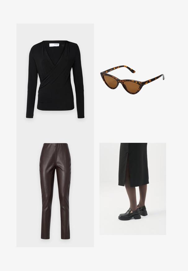 Hosszú ujjú, fekete, puha anyagból készült, átlapolt blúz; mély V-nyakkal és oldalsó ráncolással rendelkezik, amely kontúros formát kölcsönöz.; Barna műbőr leggings sima textúrával, magas derékkal és karcsú szabással. Letisztult dizájnnal rendelkezik, látható varrások vagy díszítések nélkül.; Fekete bőr cipők lekerekített orral, vastag blokk sarkakkal és elasztikus oldalsó díszítésekkel, sötét harisnyával és hasítékkal ellátott fekete szoknyával párosítva.; Cica szemüveg fekete és narancssárga teknőc pánttal, barna lencsékkel és sima, hegyes végekkel. A templomán egy minimalista logó található.