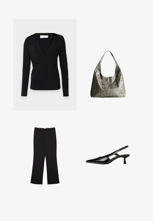 Top avvolgente a maniche lunghe di colore nero in morbido tessuto; presenta un profondo scollo a V e un dettaglio arricciato laterale per una forma aderente.; Pantaloni neri a gamba dritta, con tasche frontali e spacchi laterali all'orlo. Realizzati in tessuto morbido e liscio. Adatti a diverse occasioni.; Tacchi slingback in pelle verniciata nera con punta affusolata, design con tagli laterali e tacco quadrato piccolo. Texture liscia con dettagli minimi.; Borsa a tracolla in pelle verde oliva con un design morbido, caratterizzata da tagli circolari di diverse dimensioni e dettagli in tonalità più scure e più chiare.
