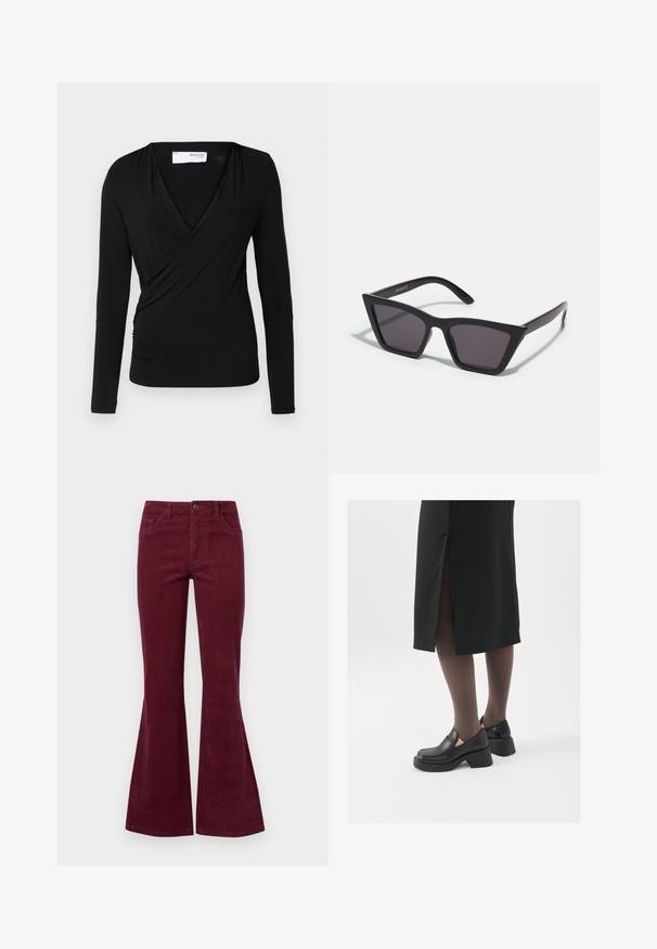 Čierny dlhý rukáv top s prekladaním z mäkkej látky; má hlboký výstrih do V a detail na boku, ktorý formuje priliehavý strih.; Burgundské kordové rozšírené džínsy s piatimi vreckami, predným zapínaním na gombík a textúrovanou látkou. Rozšírenie začína od kolena až po lem.; Čierne kožené topánky s okrúhlou špičkou, silným blokovým opätkom a elastickými bočnými akcentmi, skombinované s tmavými pančuchami a čiernou sukňou so štiepením.; Čierne, ostré slnečné okuliare so sivými sklami; vyrobené z plastu, majú hrubé ramená s hladkým povrchom a bez viditeľnej mechaniky.