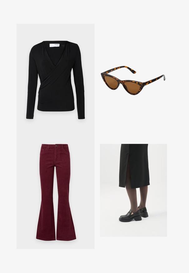 Langærmet sort indpakningsbluse i blødt stof; har en dyb V-halsudskæring og en sideindsamling for en tætsiddende pasform.; Burgunderfløjeljeans med flammesnit, fem lommer, frontlukning med knap og struktureret stof. Flammerne strækker sig fra knæet til kant.; Sorte lædersko med rund tå, kraftig blokhæl og elastiske sideaccentuer, parret med mørke strømpebukser og en sort nederdel med slids.; Kat-ejede solbriller med en sort og orange skildpaddemønstret stel, brune linser og slanke, spidse ender. Har et minimalistisk logo på skabelsen.
