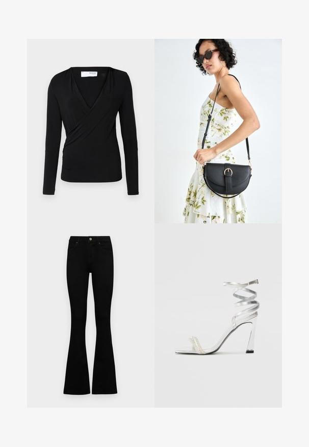 Top avvolgente a maniche lunghe di colore nero in morbido tessuto; presenta un profondo scollo a V e un dettaglio arricciato laterale per una forma aderente.; Jeans neri a vita alta con chiusura a bottoni e zip, tasche frontali e gambali svasati, distesi su uno sfondo bianco.; Sandal alta argentata con design di cinturini lucidi, caratterizzata da un accento simile a una perla e una cinghia attorcigliata alla caviglia per una vestibilità sicura.; Borsa a tracolla nera in pelle con una forma curva, manico rimovibile e accessori dorati. La borsa presenta una patta con un dettaglio a fibbia.