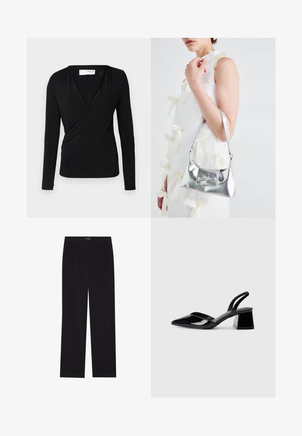 Černý dlouhý rukáv s překřížením z měkké látky; obsahuje hluboký výstřih do V a detail shromáždění na boku pro přiléhavý tvar.; Černé kordové kalhoty s rovného střihu, disponující plochým pasem a bez viditelných kapes, hladkou texturou a vertikálním žebrováním.; Černé lakované kožené lodičky na pásku s špičatou špičkou a geometrickým blokovým podpatkem. Vyznačují se elegantním, minimalistickým designem a hladkým povrchem.; Stříbrná kovová kabelka se strukturovaným tvarem, s horním držadlem a detailem v podobě mašle na přední straně. Hladký povrch, reflexní lesk.