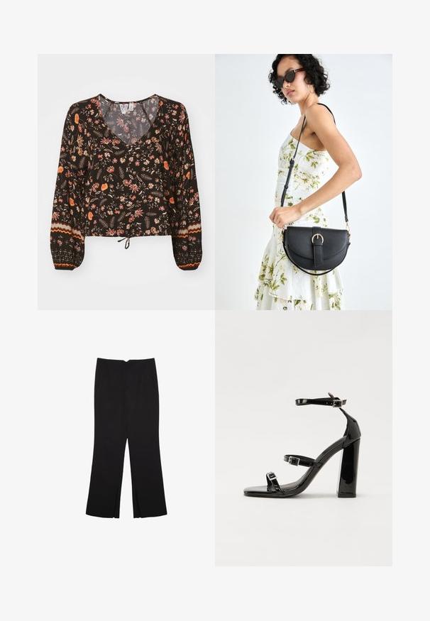 Blusa nera floreale con scollatura a V, maniche lunghe e voluminose, e polsini arricciati. Presenta motivi colorati e un orlo annodato per un look cropped.; Pantaloni neri a gamba dritta, con tasche frontali e spacchi laterali all'orlo. Realizzati in tessuto morbido e liscio. Adatti a diverse occasioni.; Sandali con tacco in vernice nera, con punta squadrata, cinturini alla caviglia e fibbie in argento. Presentano un tacco a blocco spesso per maggiore stabilità.; Borsa a tracolla nera in pelle con una forma curva, manico rimovibile e accessori dorati. La borsa presenta una patta con un dettaglio a fibbia.; Anello doppio in argento con superficie liscia e lucida. Presenta un design fluido e curvo con sezioni sovrapposte per un aspetto moderno.