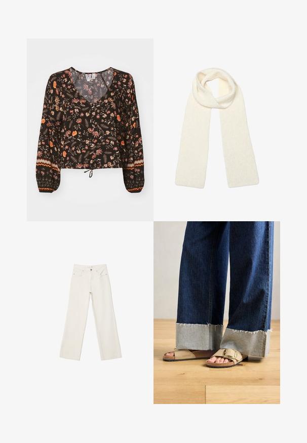 Black floral blouse with a v-neck, long voluminous sleeves, and gathered cuffs. Features colorful patterns and a tied hem for a cropped look.; White wide-leg jeans made of denim, featuring a high-rise waist, front pockets, and a button closure. Clean design with minimal accents.; Feet wearing beige Birkenstock sandals with gold buckles, paired with dark blue denim jeans rolled up at the cuffs, standing on wooden floor.; Soft, knitted cream white scarf, loosely folded at the top with both ends hanging straight down.; Woven brown handbag with a rectangular shape, structured handle, and textured surface. Features a closed top and intricate weaving pattern.