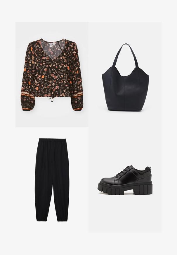 Svart blomstret bluse med v-hals, lange voluminøse ermer og rynkede mansjetter. Har fargerike mønstre og en knyttet søm for et kort design.; Svarte, lette bukser med elastisk liv og rynkede ankler. Stoffet er glatt og har en avslappet, innsvingt design.; Svarte lærplattformsko med kraftig blokkhell, rund tå og tradisjonell snøring. Har en jevn tekstur og minimal detaljering.; Svart tote-veske laget av glatt lær, med en buet, åpen topp og to skulderstropper, samt et minimalistisk design.