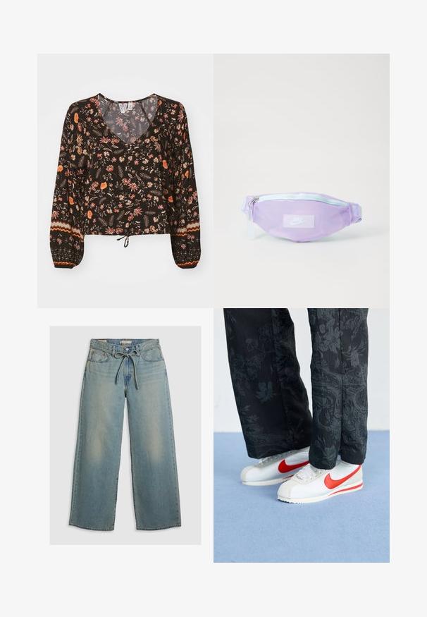 Melna ziedu blūze ar V-veida kakla izgriezumu, garām apjomīgām piedurknēm un sakrautiem manžetēm. Iezīmējas ar krāsainiem rakstiem un sasietu apakšmalu, sniedzot īsu izskatu.; Gaiši zili, plaša piegriezuma džinsi no denima, ar aukliņu siksnu un vieglu izbalēšanu. Iekļauj divas priekšējās kabatas un relaksētu fit.; Baltas Nike sporta apavi ar sarkanām akcentiem, savienoti ar melniem biksēm, kurām ir ziedu raksts. Virsma ir gluda ar plakanu pinumu zoli.; Violetā jostu soma, izgatavota no spīdīga materiāla, ar baltu rāvējslēdzēju un Nike logotipu. Tai ir gluda tekstūra un kompakta, noapaļota forma.