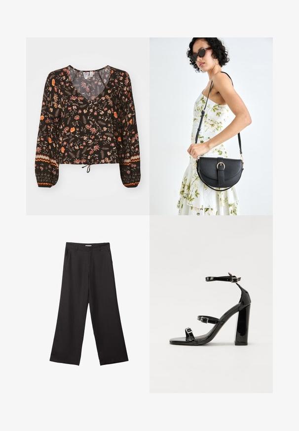 Black floral blouse with a v-neck, long voluminous sleeves, and gathered cuffs. Features colorful patterns and a tied hem for a cropped look.; Black wide-leg trousers made of smooth fabric, featuring a front zipper and two side pockets, with a tailored fit and minimalistic design.; Black patent heeled sandals with a square toe, ankle straps, and silver buckles. Features a chunky block heel for stability.; Black leather handbag with a curved shape, detachable strap, and gold hardware. The bag features a flap with a buckle detail.