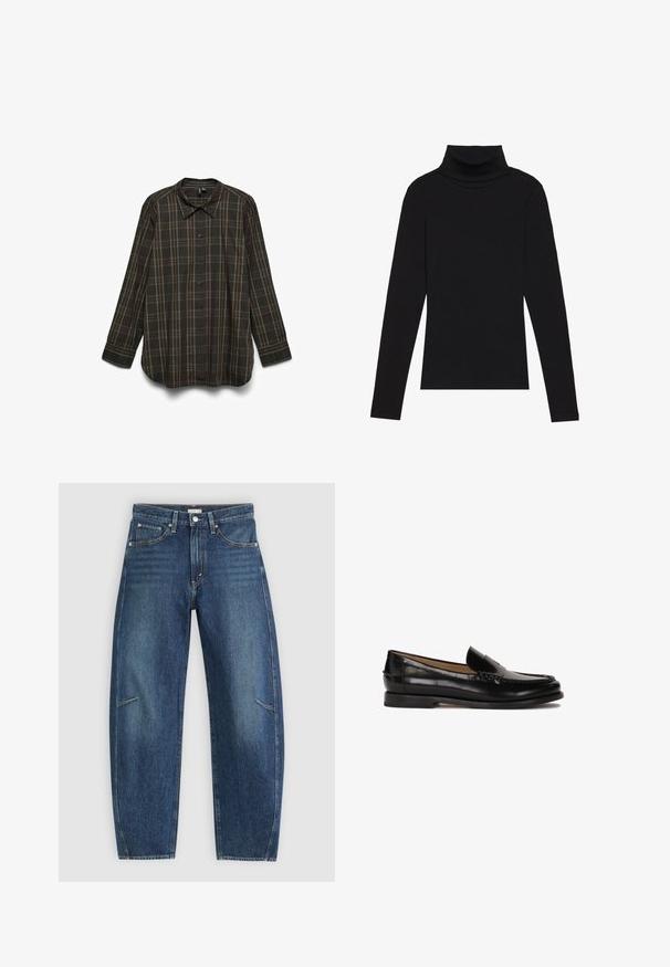 Camisa de manga larga en tela marrón oscuro con un patrón de cuadros que presenta acentos en verde y amarillo, con botonadura frontal y cuello puntiagudo.; Top de manga larga de cuello alto negro, hecho de tela de canalé, presenta un diseño ajustado con un cuello alto y sin patrones ni acentos.; Jeans de mezclilla azul oscuro con un diseño de pierna recta, que cuentan con bolsillos frontales, costuras en contraste y una sutil textura desgastada en las piernas.; Mocasín de cuero negro con puntera redondeada, diseño deslizante y detalles de costura sutiles a lo largo de la parte superior. Suela de goma plana.