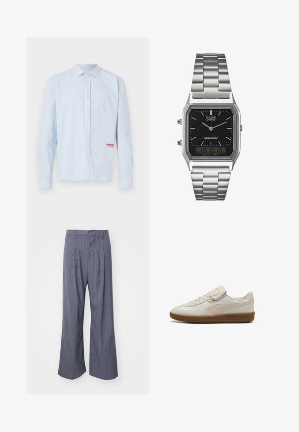 Světle modrá kostkovaná košile s dlouhými rukávy a nášivkou na hrudi s nápisem "POMPEII" v červené barvě. Hladká bavlněná tkanina, klasický límec.; Šedé pruhované kalhoty s širokým střihem, zdobené sklady na přední straně a hladkou texturou. Žádné viditelné doplňky nebo akcenty.; Bílé kožené tenisky s texturovanými akcenty, gumovou podrážkou a zlatým logem. Obsahují tkaničky a suchý zip pro zapínání.; Stříbrné nerezové ocelové hodinky s quartzovým strojem a černým obdélníkovým ciferníkem, které mají analogové ručičky, digitální displej a označení voděodolnosti.