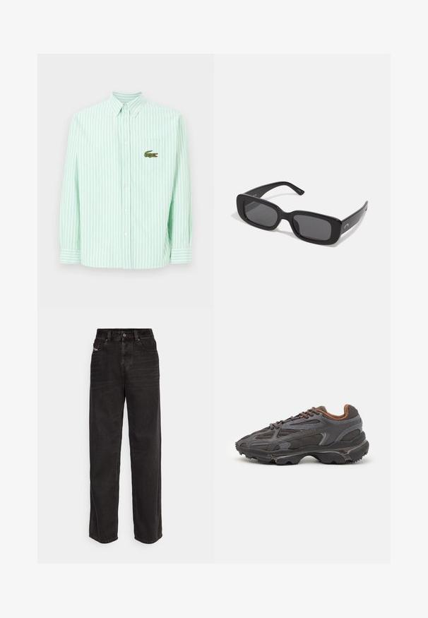 Jasnozielona koszula w biało-zielone paski z guzikiem, z kieszonką z zielonym logo krokodyla. Z kołnierzykiem i długimi rękawami.; Czarne dżinsowe spodnie z szerokimi nogawkami i wysokim stanem, z zapięciem na guzik z przodu, dwoma bocznymi kieszeniami oraz subtelnymi detalami w szwie.; Sneakers Lacoste w ciemnoszarym kolorze, wykonane z siateczki i materiału syntetycznego, z teksturowaną podeszwą oraz brązowymi akcentami na kołnierzu i logotypie.; Czarne prostokątne okulary przeciwsłoneczne z ciemnymi soczewkami, gładkimi plastikowymi oprawkami i szerokimi zausznikami. Subtelne logo po boku.