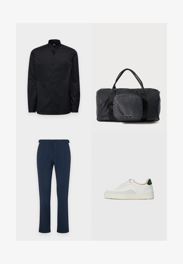 Maglietta nera a maniche lunghe con colletto alla cinese, chiusura frontale con bottoni e texture in cotone liscia. Nessun motivo o accentuazione aggiuntiva visibile.; Pantaloni navy realizzati in tessuto liscio, con design a gamba dritta, passanti per cintura e chiusura a bottone singolo. Stile minimalista senza fantasie.; Sneaker bianco con accenti in camoscio, punta rotonda, lacci piatti e suola in gomma crema. Presenta un marchio verde sul tallone.; Borsa duffel nera Michael Kors con manici doppi, tasca anteriore con zip caratterizzata da un motivo ripetuto del logo MK e marchio Michael Kors.