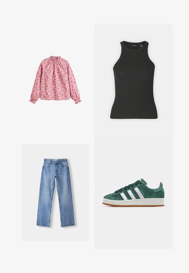 Virágmintás blúz, összefogott nyakkal és mandzsettákkal, rózsaszín háttérrel, piros és lila virágokkal, könnyű anyagból készült.; Fekete bordázott ujjatlan felső magas nyakkivágással. Jellemzője a formázott fazon és a puha textúra.; Világoskék farmernadrág egyenes lábakkal, öt zsebbel, elől gombos záródással és finom kopásokkal a textúra érdekében.; Zöld nubuk sportcipő fehér bőr csíkokkal, gumitalppal, párnázott nyakkal és minimalista dizájnnal. Oldalán márkázással.