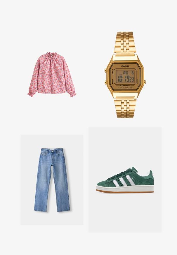 Květinová blůza se shromážděným výstřihem a manžetami, s růžovým pozadím a červenými a fialovými květinami, vyrobená z lehkého materiálu.; Černý žebrovaný top bez rukávů s vysokým výstřihem. Má přiléhavý střih a jemnou strukturu.; Svetle modré džínové kalhoty s rovnými nohavicemi, s pěti kapsami, předním zapínáním na knoflík a jemným opráním pro texturu.; Zelené semišové tenisky s bílými koženými pruhy, gumovou podrážkou, polstrovaným límcem a minimalistickým designem. Na boku se nachází logo značky.; Zlaté digitální hodinky s obdélníkovým ciferníkem, LCD displejem, nerezovým páskem a tlačítky na boku. Obsahují označení odolnosti proti vodě.