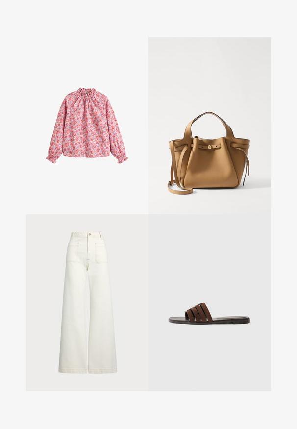 Kvetinová blúzka so zhromaždeným výstrihom a manžetami, s ružovým pozadím a červenými a fialovými kvetmi, vyrobená z ľahkej tkaniny.; Džínsy s širšími nohavicami v off-white denim. Vysoký pás s gombíkovým zapínaním, dve predné vrecká a kontrastné švy.; Hnedé semišové sandále na plochom opätku s tromi širokými popruhmi na vrchu. Má minimalistický dizajn a hladkú textúru. Bez zdobenia.; Tory Burch ROMY PEBBLED SATCHEL - Kabelka - tiramisu