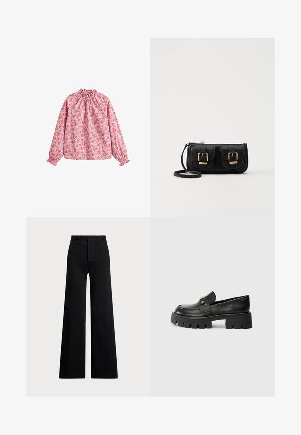 Cvetlična bluza z nabranim ovratnikom in manšeti, ki ima roza ozadje z rdečimi in vijoličnimi cvetovi, narejena iz lahkega materiala.; Črne široke hlače iz tkanine, ki imajo visoko pasnico, sprednje zapiranje na gumb in stranske žepke. Gladek videz z jasnimi linijami.; Črne usnjene loaferje z debelim podplatom, ki imajo zlatoten naglas na sprednji strani in gladko površino. Debela oblika profila na podplatu.; Črna usnjena torbica čez ramo z dvema sprednjima žepoma, zlatimi zaponkami, zadrgo in ozkim pasom. Tekstura površine je strukturirana, obliko pa ima kompaktno pravokotno.