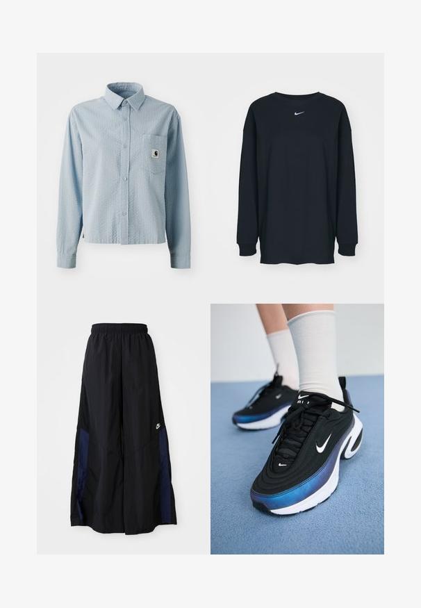 Chemise boutonnée à manches longues bleu clair avec un motif texturé, une poche poitrine et une étiquette de marque sur la poche. Fabriquée en tissu tissé.; T-shirt noir à manches longues en coton avec un col rond. Présente un logo Nike blanc sur la poitrine. Texture douce, design simple.; Pantalons larges noirs en tissu léger, avec un panneau latéral bleu marine et une taille élastique. Petit logo blanc en bas.; Baskets Nike noires avec un dessus en tissu lisse, présentant un design dégradé allant du bleu au noir, une semelle blanche et des accents de logo bien visibles.