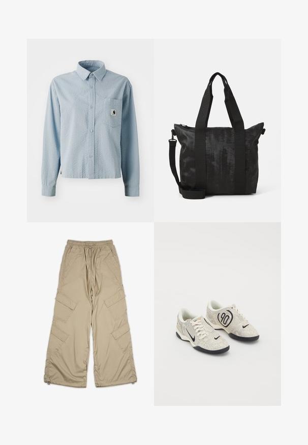 Camisa de botones de manga larga en azul claro, con un patrón texturizado, un bolsillo en el pecho y una etiqueta de marca en el bolsillo. Hecha de tela tejida.; Pantalones cargo beige con cintura ajustable, múltiples bolsillos laterales y un corte relajado. Hechos de una tela ligera y suave con detalles de costura.; Zapatillas Nike con un upper texturizado en beige y gris, acentos negros, un gran logo de "90" y un cierre de cordones blancos. Suela negra.; Bolsa tote negra con tejido texturizado, asas superiores dobles y una correa de hombro desmontable. Cuenta con un cierre con cremallera para un almacenamiento seguro.