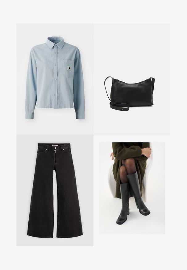 Lyseblå, langermet skjorte med knappestrengning, med et teksturert mønster, brystlomme og et merke på lommen. Laget av vevd stoff.; Vide benbukser i sort denim med glidelås i front, fem-lomme design og subtile sømdetaljer. Glatt tekstur og avslappet stil.; Knæhøye sorte lærstøvler med firkantet tå og blokkhelt, vist med en modell som sitter iført en olivengrønn kåpe. Glatt tekstur, minimal detaljering.; Svart skinn skulderveske med glatt tekstur, buet form, justerbar stropp og glidelås. Minimalistisk design uten dekorasjoner.