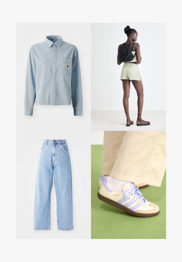 Himmelblaues, langärmliges Hemd mit Knopfleiste, strukturiertem Muster, einer Brusttasche und einem Markenlabel auf der Tasche. Aus gewebtem Stoff gefertigt.; Hoch-taillierte hellblaue Jeans mit geraden, weiten Beinen, vorderem Knopf, Reißverschluss und Front- sowie Gesäßtaschen.; Cremefarbene und lavendelfarbene Sneakers mit drei Streifen und einer strukturierten braunen Sohle, ausgestattet mit Schnürsenkeln und einer gepolsterten Ferse. Obermaterial aus weichem Stoff.; Schwarzer Zugbeutel-Rucksack, hellgrüne Shorts, beige Oberteil und schwarze Sandalen mit Riemen. Das Model posiert von hinten vor einem hellen Hintergrund.