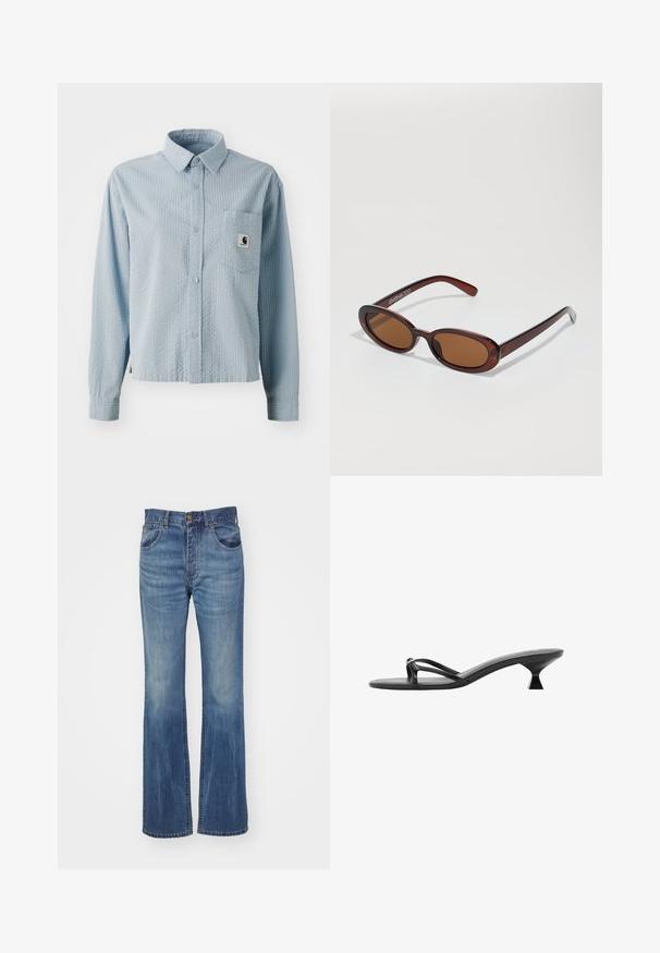 Svetlo modra, s dolgimi rokavi, s button-up zapenjanjem s teksturiranim vzorcem, prsna žepek in blagovna znamka na žepu. Narejena iz tkanine.; Modre jeans z razširjenimi hlačnicami, srednje oprane, z visokim pasom, zankami za pas in sprednjimi žepi. Gladka tekstura z minimalnim obrabljenjem.; Črne sandale na visoki peti z eleganco, tankimi trakci in edinstveno tristransko peto. Gladka tekstura z minimalističnim videzom.; Okrogle, rjavo obarvane sončne naočare z sijočim burgundskim okvirjem. Tanek nosilec s subtilnim logotipom. Oblika leč je ravna.