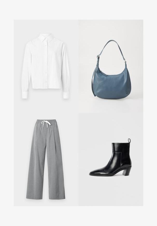 Valge nööpidega särk, mis on valmistatud kerge kangaga. Omab pikki varrukasid, klassikalist kraed ja peeneid vertikaalseid triibu. Lühendatud lõige.; Hallid graažid laiad püksid, mis on valmistatud kergest kangast, plekitud esiosa ja elastse vöökohtaga, millel on valge pael.; Must musta saapad terava nina, geomeetrilise kuuega ja tagaküljel tõmberaudaga. Sile tekstuur ja läikiv disain.; Sinine nahast käsipadi ümarate vormidega, ühe õlapaela, tõmblukuga ja esiküljel reliefse brändinimega. Sile tekstuur.