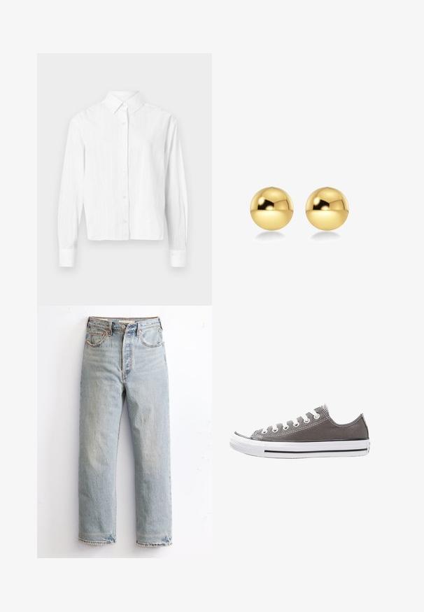 Hvid, knappet skjorte lavet af letvægtsstof. Har lange ærmer, klassisk krave og subtile lodrette striber. Crop-design.; Lysblå denimjeans med lige ben-design, med slidte kanter, kobbernitter og en klassisk fem-lomme stil.; Grå lærredssneaker med hvid gummisål, sort streg og metaløjer. Har rund tå, lav overdel og tekstureret stof.; Guldfarvede, sfæriske øreringe med en skinnende, reflekterende overflade. Designet er enkelt og glat, hvilket skaber et moderne, minimalistisk udseende.
