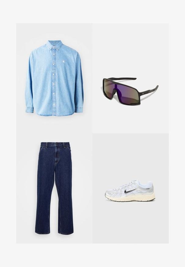 Világoskék farmer gombos ing hosszú ujjakkal, hegyes gallérral és kis logóval a bal mellrészen. Laundfit és klasszikus dizájn jellemzi.; Sötétkék farmernadrág egyenes lábformával, gombos zárással, öt zsebes stílussal és finom varrási részletekkel.; Fehér hálós sportcipők ezüst részletekkel, fekete Nike emblémával, párnázott gallérral és texturált talppal. Rétegezett kialakítással rendelkezik a stabilitás érdekében.; Fekete sport napszemüveg nagy, szögletes lencsékkel, amelyek lila és szürke között színátmenetes árnyalatúak. Texturált fekete szárak a biztos fogás érdekében.
