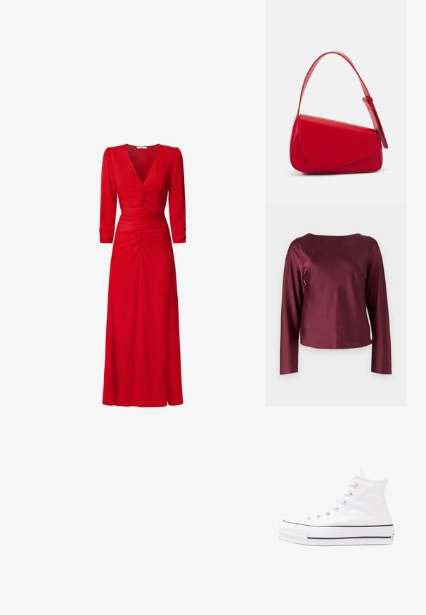 Burgunderfarbener Langarm-Top mit rundem Ausschnitt. Glattes, glänzendes Material mit geraden Seiten und einem leicht verkürzten Saum. Keine sichtbaren Muster oder Details.; Rotes Kleid mit V-Ausschnitt, 3/4-Ärmeln und Raffung an der Taille und am Rücken. Der Stoff wirkt glatt und leicht.; Weiße hochwertige Leinensneaker mit schwarzer Gummisohle, vorderem Gummizehenschutz und sechs Ösen für Schnürsenkel, die ein sauberes, minimalistisches Design aufweisen.; Rote Lederhandtasche mit einem kantigen, geometrischen Design. Verfügt über einen verstellbaren Schulterriemen und einen Klappenverschluss mit genähten Details.