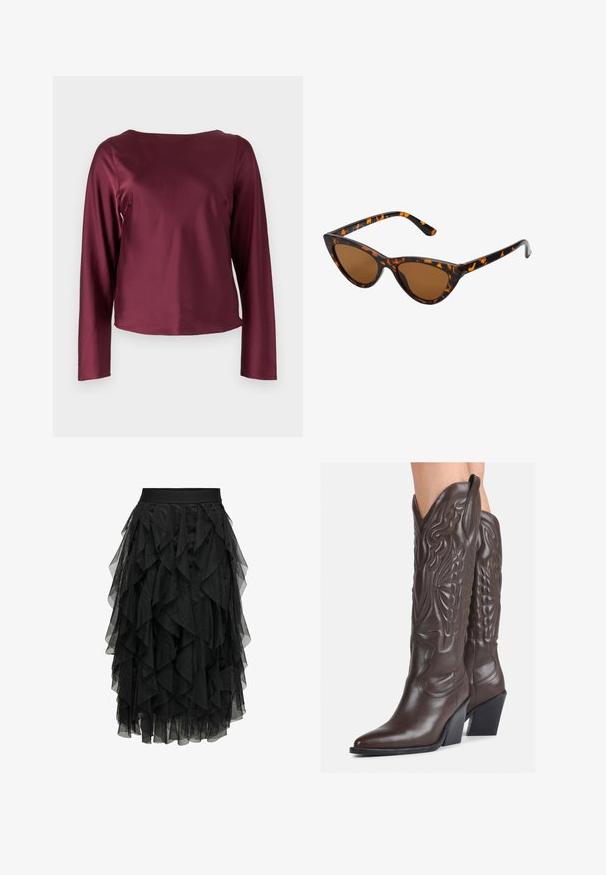 Burgundia värvi pikkade varrukatega top, millel on ümmargune kaelus. Sile, läikiv kangas sirgete külgedega ja veidi lühihemiga. Pole nähtavaid mustreid ega detaile.; Must muströliga mustast tüllist seelik, millel on volangiliste detailidega disain. Varustatud elastsest vööst. Läbipaistev kangas lisab tekstuuri ja liikumist.; Pruunid nahast cowboy saapad terava varbaga ja plokk-kandaga, millel on detailne tikand ja kergelt tõstetud aktsendid varrel.; Kassi vormiga prillid musta ja oranži kilpkonnakujulise raami, pruunide läätsede ja elegantsete teravate otstega. Templi juures on minimaalne logo.; Väike kreemjas käekott tekstureeritud viimistlusega, pikendatav rihm, ketiläbimõõt ja klapiga sulgemine. Kuldsed metalldetailid.