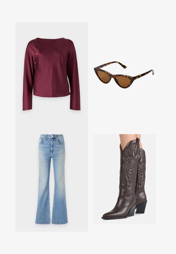 Burgundia värvi pikkade varrukatega top, millel on ümmargune kaelus. Sile, läikiv kangas sirgete külgedega ja veidi lühihemiga. Pole nähtavaid mustreid ega detaile.; Heledad sinine flared teksapüksid, millel on kõrge vöökoht, viie tasku disain ja peen gradiseeruv hägusus alates hemist.; Pruunid nahast cowboy saapad terava varbaga ja plokk-kandaga, millel on detailne tikand ja kergelt tõstetud aktsendid varrel.; Kassi vormiga prillid musta ja oranži kilpkonnakujulise raami, pruunide läätsede ja elegantsete teravate otstega. Templi juures on minimaalne logo.; Väike kreemjas käekott tekstureeritud viimistlusega, pikendatav rihm, ketiläbimõõt ja klapiga sulgemine. Kuldsed metalldetailid.