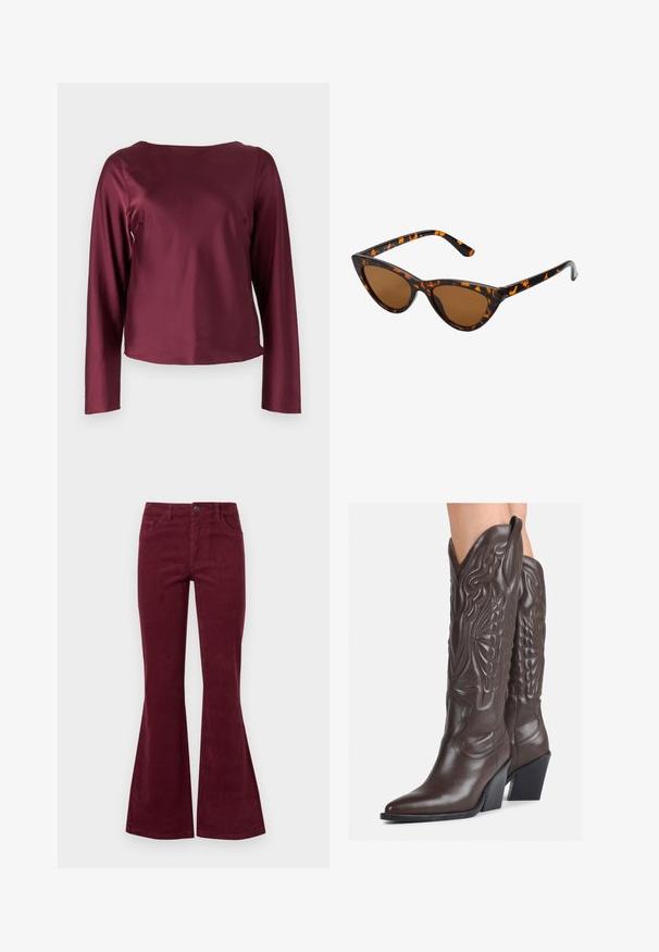Burgundi ilgos rankovės marškiniai su apvaliu kaklu. Lygus, blizgus audinys su tiesiomis pusėmis ir šiek tiek pakeltu priekiu. Nėra matomų raštų ar detalių.; Burgundiškos aksominės platėjančios džinsai su penkiomis kišenėmis, priekiniais mygtukais ir tekstūruota medžiaga. Platėjimas prasideda nuo kelio iki apvado.; Rudos odinės kaubojaus batai su smailiu priekiu ir blokuotu kulnu, pasižymintys detaliu siuvinėjimu ir iškiliais akcentais ant ašies.; Katės akies saulės akiniai su juodu ir oranžiniu šarvuotu rėmeliu, ruda objektyvu ir elegantiškais, smailiais galiukais. Rėmelyje yra minimalus logotipas ant šventės.; Mažas kreminis rankinukas su tekstūruotu paviršiumi, ilga reguliuojama juostele, grandinėle ir užsegimu su atvartu. Aukso detalės.