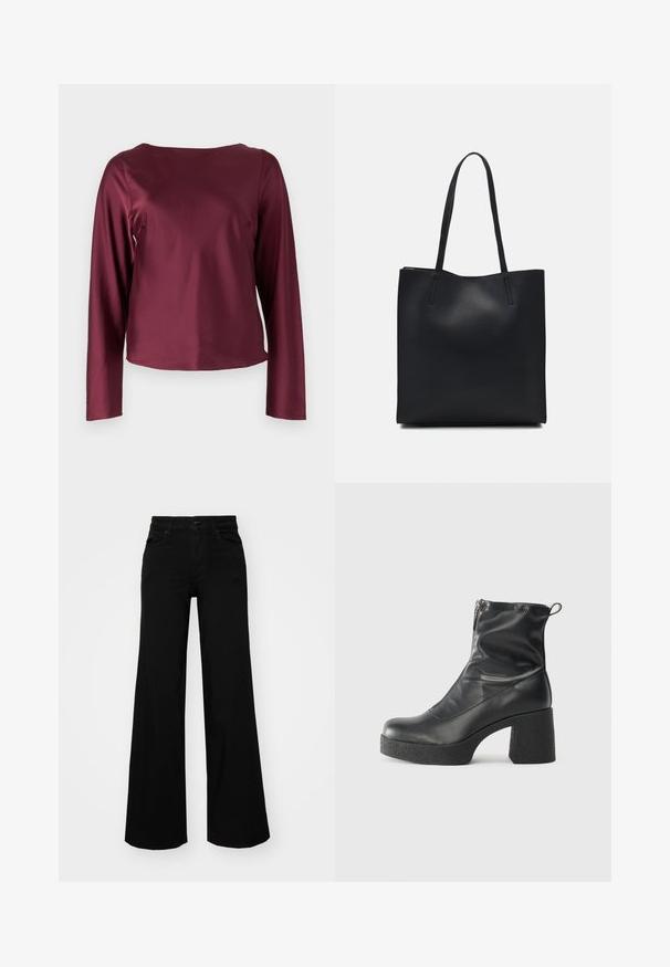 Burgunderfarget langermet topp med rund hals. Glatt, skinnende stoff med rette sider og en litt avkortet hem. Ingen synlige mønstre eller detaljer.; Svart vide bukser laget av denim, med en strukturert midjebånd, beltestropper og frontlommer. Glatt tekstur med et klassisk design.; Svarte ankelstøvler laget av glatt lær, med glidelås på siden, chunky strukturert hæl, og rund tå-design.; Svart lær tote bag med glatt tekstur, rektangulær form og to lange håndtak. Ingen synlige deler eller dekorasjoner.
