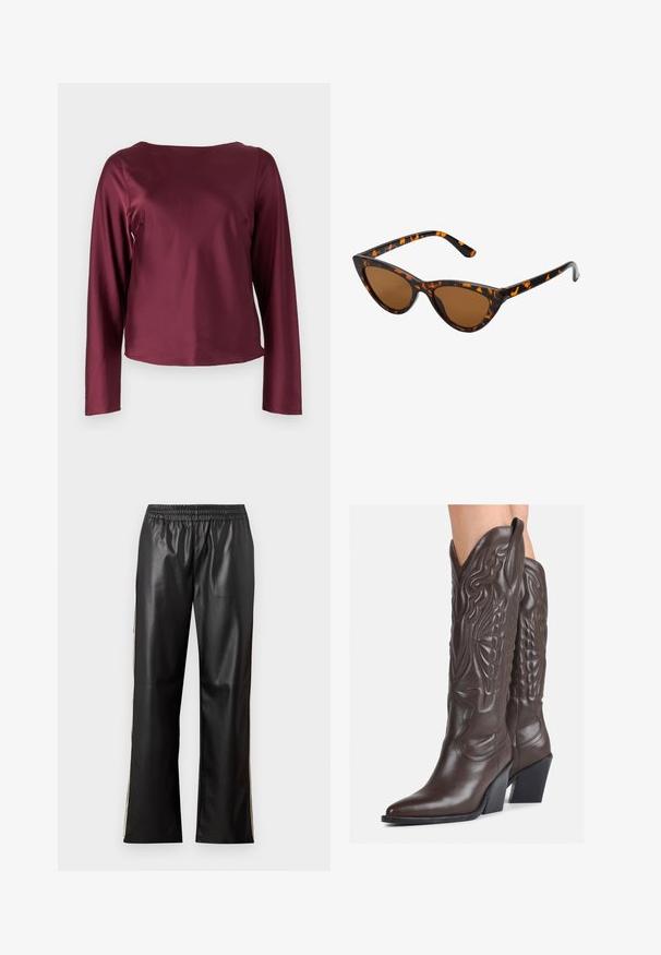 Burgundi hosszú ujjú blúz kerek nyakkivágással. Simább, fényes anyag, egyenes oldalakkal és enyhén cropped szegéllyel. Nincsenek látható minták vagy részletek.; Fekete műbőr nadrág elasztikus derékkal, egyenes szárú dizájnnal és kontrasztos oldalsávokkal. Sima textúra és minimalista stílus.; Barna bőr cowboy csizmák hegyes orral és blokk sarkal, részletes varrással és kiemelkedő díszítésekkel a szárán.; Cica szemüveg fekete és narancssárga teknőc pánttal, barna lencsékkel és sima, hegyes végekkel. A templomán egy minimalista logó található.; Kis krémszínű táska texturált felülettel, hosszú, állítható pánttal, láncos díszítéssel és fedéllel záródik. Aranyszínű fém részletek.; Arany fülbevalók sima, fényes felülettel. Kör alakú dizájn, amely kis kapoccsal és átlátszó tartozékkal rendelkezik a biztonságos viselés érdekében.