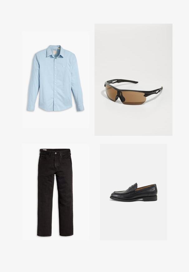 Šviesiai mėlyna ilgomis rankovėmis mygtukinė marškiniai pagaminti iš medvilnės, su klasikiniu apykakle, baltais mygtukais ir maža logo ant kairiojo krūtinės.; Balta medvilninė marškinė su trumpomis rankovėmis, apvaliu kaklu ir subtiliu Levi's logotipu viduryje. Minkšta tekstūra ir standartinė išvaizda.; Juodos tiesios kojų džinsinės kelnės su penkiomis kišenėmis, mygtuko užsegimu ir diržo kilpomis, išdėstytos plokščiai ant balto fono.; Juodi odiniai loafersai su lygiu paviršiumi, apvaliu pirštu ir dekoratyvine siūlė viršuje. Žemas sustiprintas kulnas ir lengvas blizgesys.; Sportiški akiniai nuo saulės su juodu rėmu, rudais tonuotais stiklais ir tekstūruotais juodais akcentais ant šventyklų. Lengvas ir aerodinaminis dizainas.
