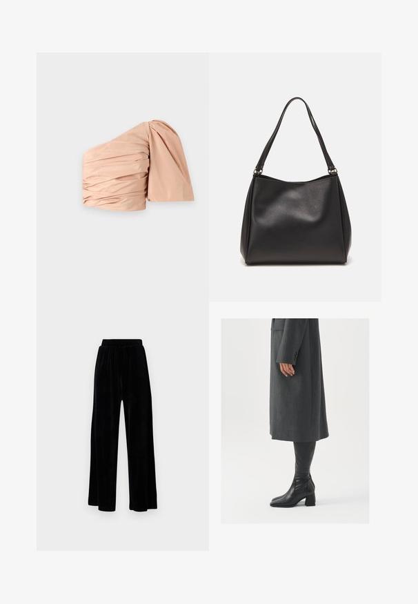Top em pêssego de um ombro só com detalhes franzidos. Tecido suave e liso com uma manga puff estruturada. Design minimalista, sem padrões.; Calças largas pretas feitas de veludo suave, com um cós elástico e uma textura lisa, sem detalhes ou padrões visíveis.; Casaco cinza, ajustado, com corte reto; combinado com botas de couro pretas até ao joelho, com biqueira quadrada e salto grosso.; Bolsa de mão em pele sintética preta com uma textura suave, de forma hobo, e alças duplas para os ombros; apresenta um acabamento brilhante e um design minimalista.